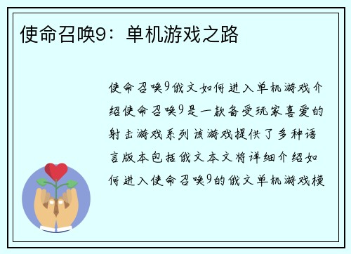 使命召唤9：单机游戏之路