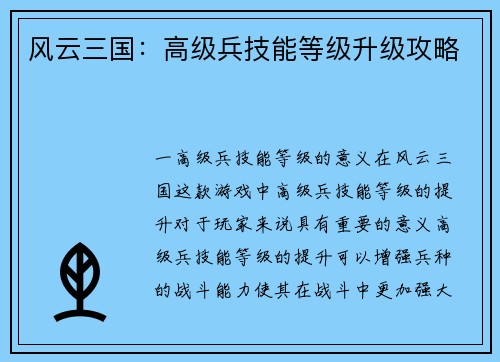 风云三国：高级兵技能等级升级攻略