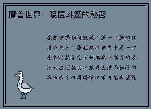 魔兽世界：隐匿斗篷的秘密